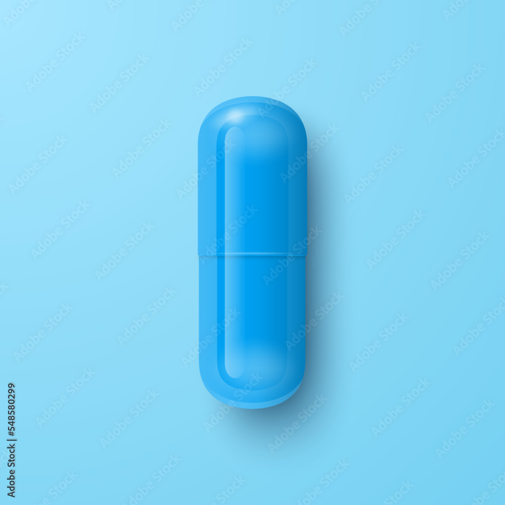 Vector 3d Realistic Blue Pharmaceutical Medical Pill, Capsule, Tablet on Blue Background. Front View. Copy Space. Medicine, Male Health Concept Vector 3d Realistic Blue Pharmaceutical Medical Pill, Capsule, Tablet on Blue Background. Front View. Copy Space. Medicine, Male Health Concept
