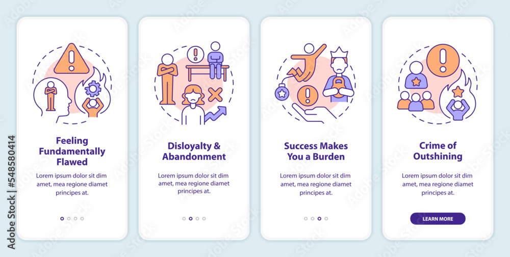 Hidden personal barriers types onboarding mobile app screen. Walkthrough 4 steps editable graphic instructions with linear concepts. UI, UX, GUI template. Myriad Pro-Bold, Regular fonts used