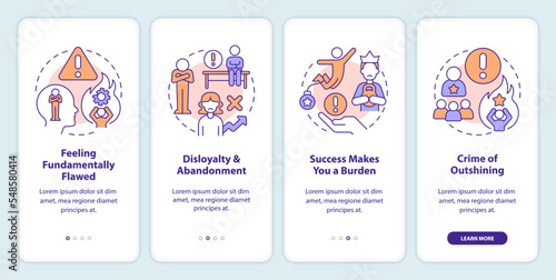 Hidden personal barriers types onboarding mobile app screen. Walkthrough 4 steps editable graphic instructions with linear concepts. UI, UX, GUI template. Myriad Pro-Bold, Regular fonts used
