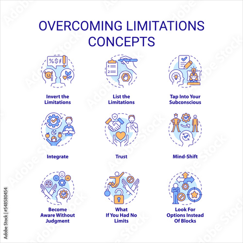 Overcoming limitations concept icons set. Mindset coaching. Remove barriers idea thin line color illustrations. Isolated symbols. Editable stroke. Roboto-Medium, Myriad Pro-Bold fonts used