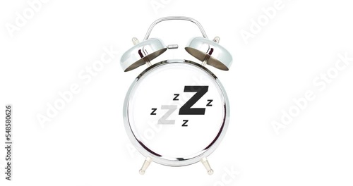 zzz letters appears on empty clock face of classic chrome alarm clock which isolated on white background photo