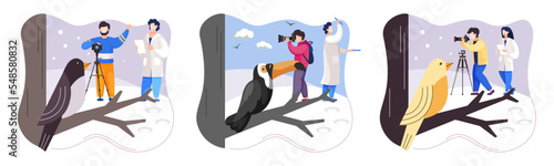 Observation of animals in wild. Ecologists scientists conduct research, take care of fowl and nature. Researcher study flora fauna and environment. Professional ecological activist photographing bird