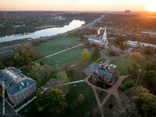 Drone view of a city skyline with buildings near the river in New Brunswick, Rutgers, Hub City, USA photo