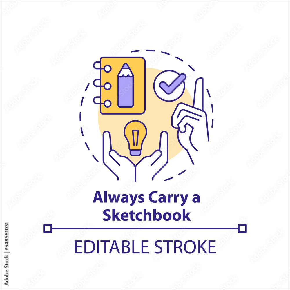 Always carry sketchbook concept icon. Removing barriers to inspiration tip abstract idea thin line illustration. Isolated outline drawing. Editable stroke. Arial, Myriad Pro-Bold fonts used Always carry sketchbook concept icon. Removing barriers to inspiration tip abstract idea thin line illustration. Isolated outline drawing. Editable stroke. Arial, Myriad Pro-Bold fonts used