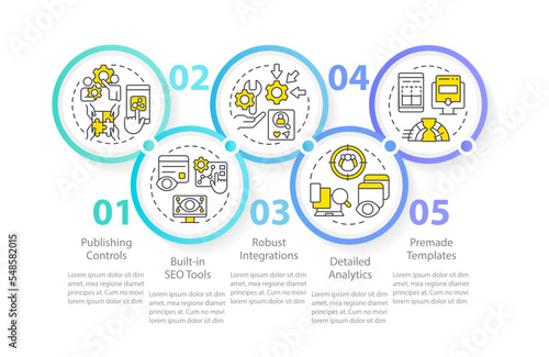 Content management system aspects circle infographic template. Data visualization with 5 steps. Editable timeline info chart. Workflow layout with line icons. Myriad Pro-Regular font used