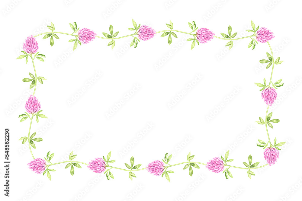 Rectangular wreath of blooming clover. St.Patrick 's Day. Watercolor illustration. Isolated on a white background. For your design goods for a garden, stickers, organic products