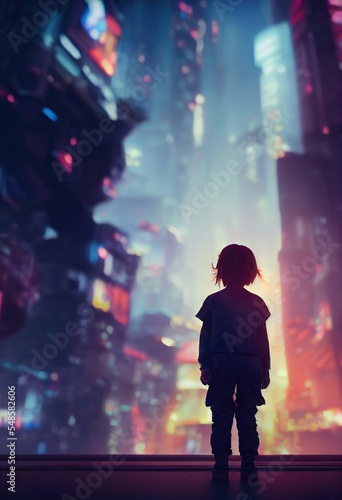 A boy standing in a futuristic neon city, Cyberpunkt style, abstract