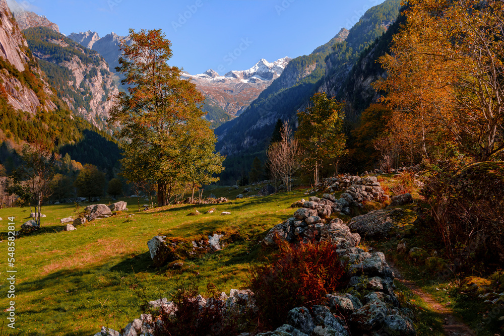 A clear autumn morning in Mello's and Masino's Valley, Lombardy northern Italy Alps