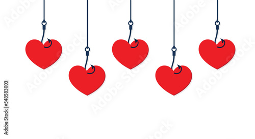 On fishing hook hanging heart. Deception, a trap on the hook. Flat design style, vector illustration.