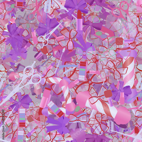 Background pattern abstract design texture. Seamless. Theme is about tones, parlor, scissors, toiletry, embellishment, powder, maquillage, salon, pomatum, barbershop, hairdressing, makeup