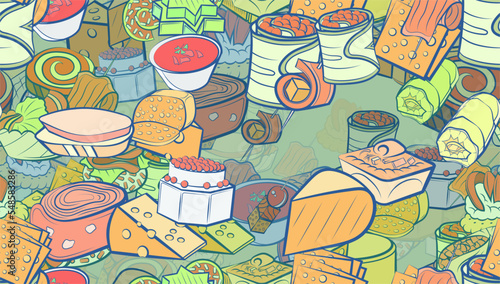 Background pattern abstract design texture. Seamless. Snacks and Cheeses. Theme is about filling, biscuit, solid, caviar, topping, Khinkali, sausage, onigiri, cherry, sugar, bacon, chunks
