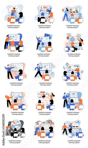 Qualified employee training program. Refresher course metaphor. Help in professional development. Learning for software development and growth. Agile project management team project life scrum meeting