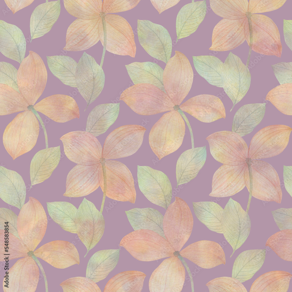 Abstract delicate flowers and leaves, watercolor seamless pattern for wallpapers, wrapping paper, postcards, invitations.