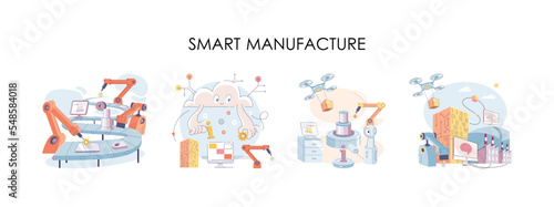 Smart manufacture, automation development metaphor. Innovative smart industry product design, manufacturing process, automated production line, delivery and distribution robots machinery industry 4.0