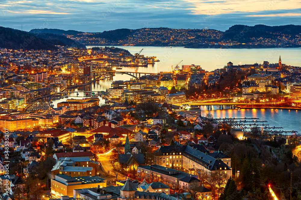 Bergen city at dusk, aerial view, Norway