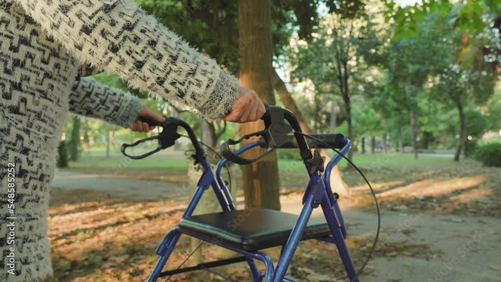 Hunched over old lady wearing warm woolen cardigan walks along cobbled road using rollator walkers in autumn park with fallen leaves Hunched over old lady wearing warm woolen cardigan walks along cobbled road using rollator walkers in autumn park with fallen leaves