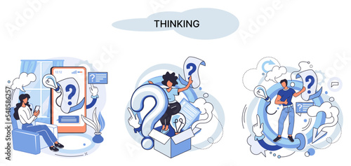 Problem solving metaphor, wondering or thinking, planning or pondering, with question mark. Creative thought idea. Brainstorming, idea and fantasy, motivation and inspiration, finding solution, answer
