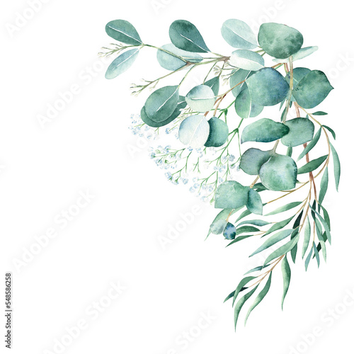 Watercolor foliage bouquet, corner. Eucalyptus and gypsophila branches. True blue, willow, silver dollar, seeded. Hand drawn botanical illustration isolated on white background. Can be used for