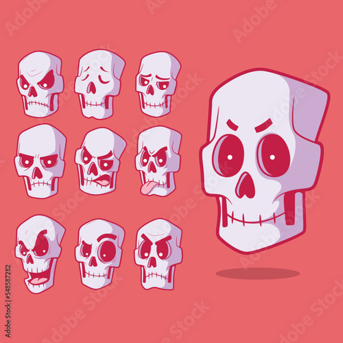 Set of different skull expressions vector illustration. Emotions, scary, imagination design concept.