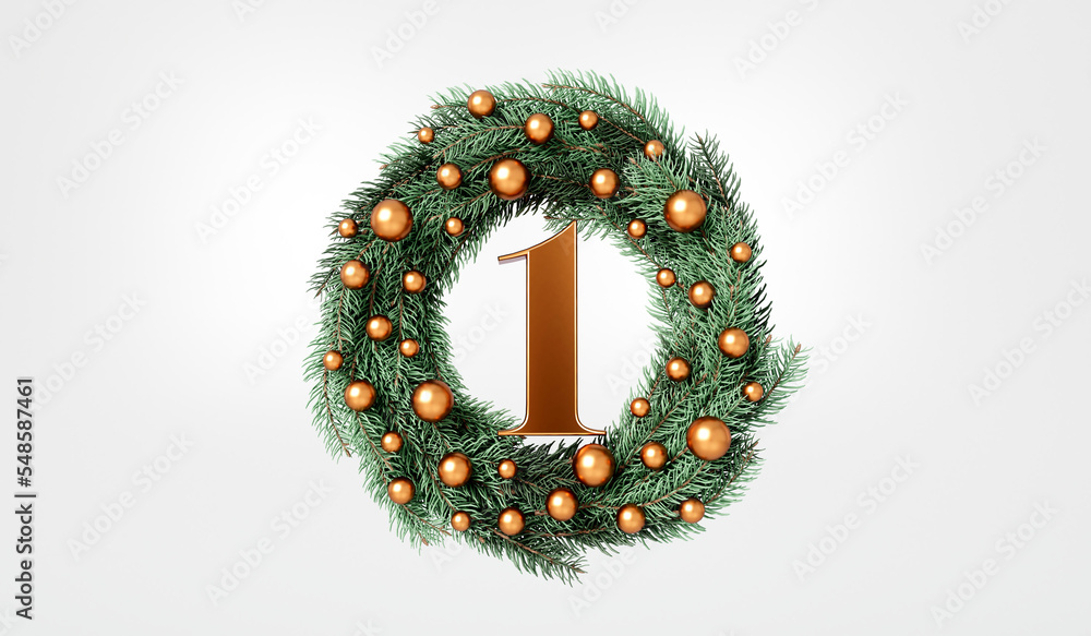 The 12 days of christmas. 1st day festive wreath and text. 3D Rendering - obrazy, fototapety, plakaty 