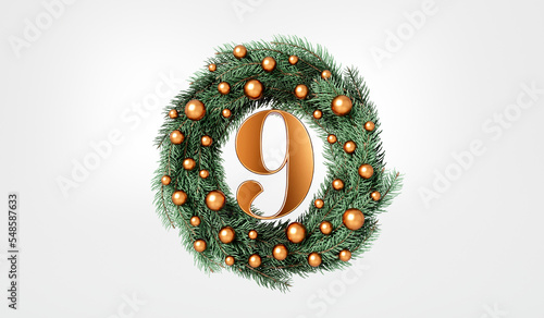 The 12 days of christmas. 9th day festive wreath and text. 3D Rendering photo