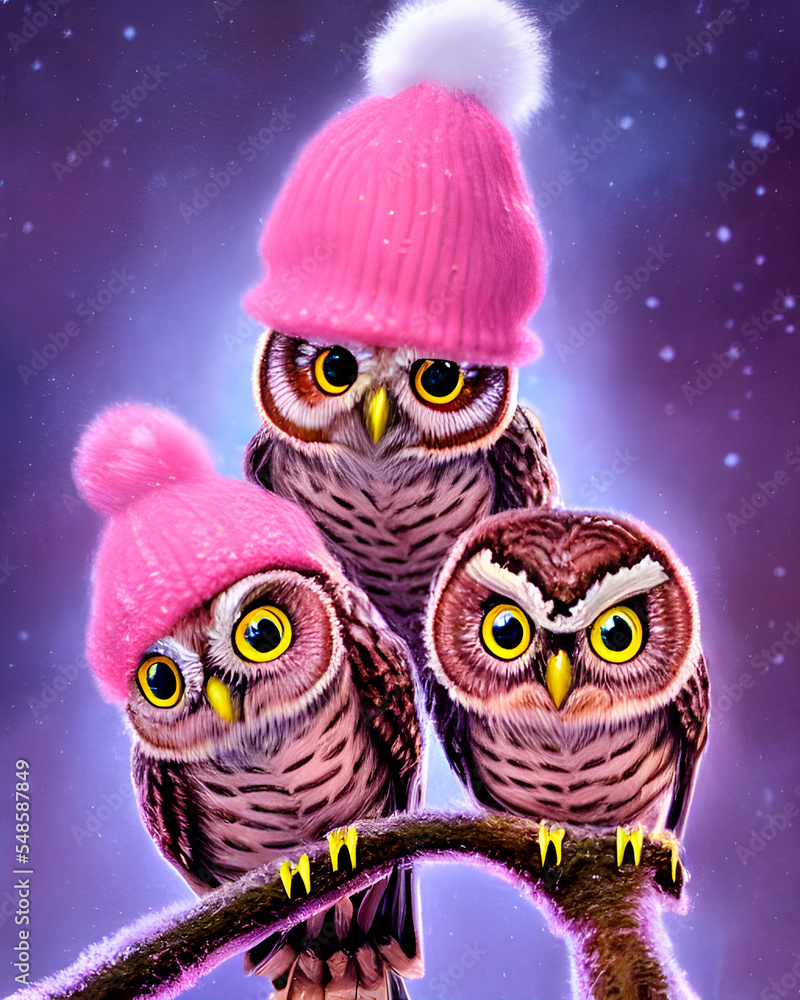 Fototapeta premium cute little owl with a knitted hat wearing, christmas atmosphere, new year postcard