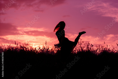 A girl jumps on the background of a pink sunset. Silhouette above the grass © Iuliia