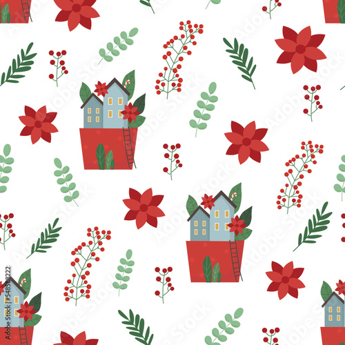Holiday seamless vector pattern with cute houses, leaves and flowers, poinsettia in green and red colors for Christmas designs, backgrounds and wrapping paper
