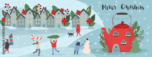 Christmas and Happy New Year illustrations wth people, christmas tre, cute houses and flowers. Trendy style. Vector design banner.