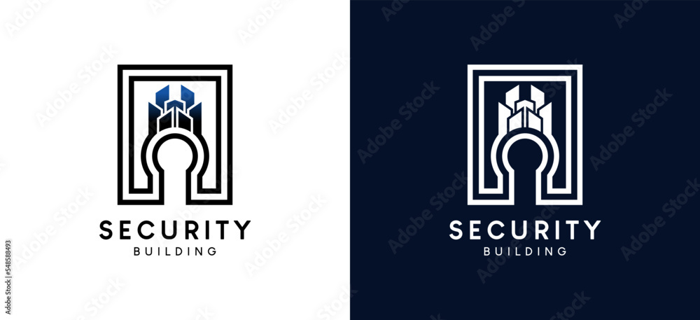 Building security logo design, building shield vector illustration in line style Building security logo design, building shield vector illustration in line style