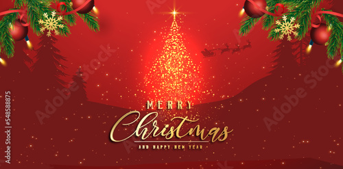 Set of Christmas and New Year greeting cards with xmas decoration. Winter Holiday Posters or banners design in modern realistic style with fir branches, gift boxes, christmas tree toys deer and stars