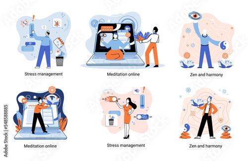 Meditation online. Self-management, self regulation learning, self-organization course, control over emotions metaphor Online yoga at home meditating. Deals with stress management, zen and harmony