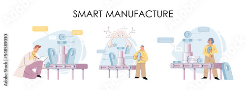 Manufacturing process industry. Scientist robot assembling products. Smart manufacture, automation development metaphor. Smart industry product design, automated production, robots and machinery 4.0