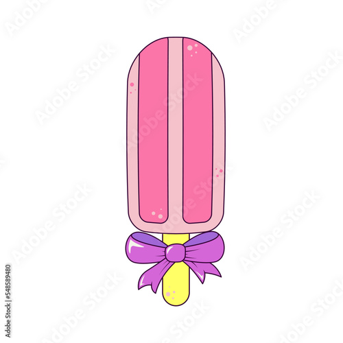 Pink Ice Cream on a Stick with Bow Isolated Element in Retro Groovy Style