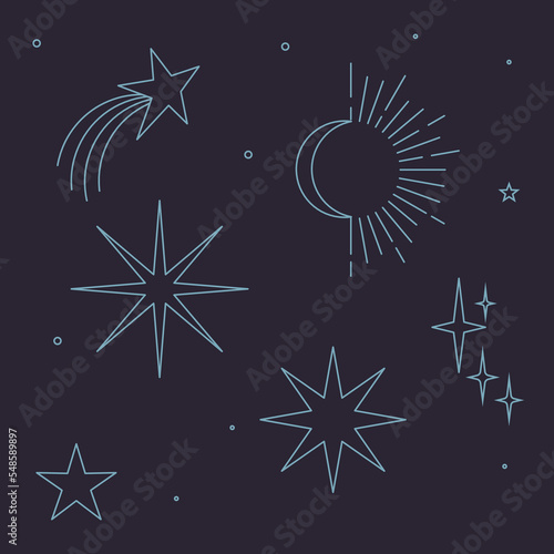 Boho Witch and Magic icon Collection with mystic stars planets, suns, moons, and magical symbols.