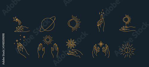 Aesthetic hands and cosmic and celestial elements. Universal cosmos related icons. Linear vector illustrations. Magic and Witchcraft symbology.