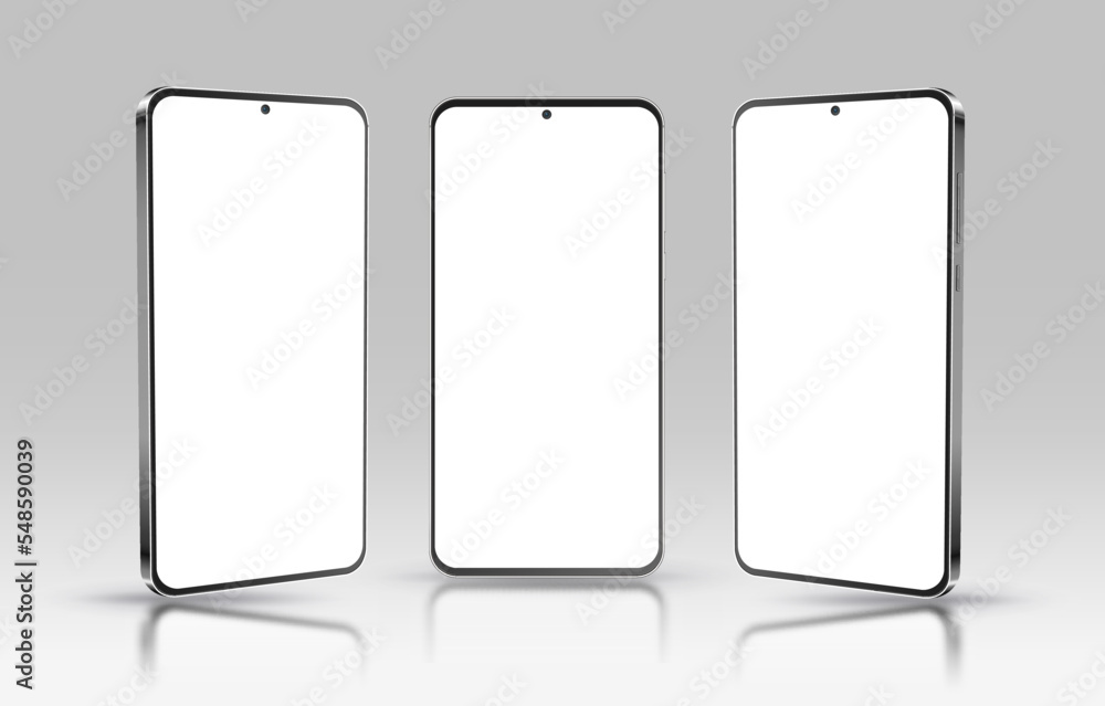 Realistic 3d vector smartphone. Smart phone with shiny white screen isolated on light background. Front, right and left perspective view of mobile phone. Realistic 3d vector smartphone. Smart phone with shiny white screen isolated on light background. Front, right and left perspective view of mobile phone.