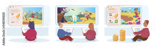 Play to earn games created on basis of blockchain project with elements of NFT, main purpose of earning. Player earn money by playing. Virtual character development business. Cryptocurrency game.