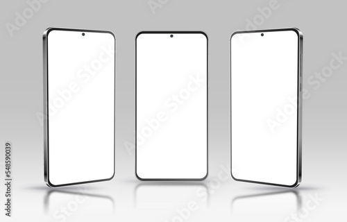 Realistic 3d vector smartphone. Smart phone with shiny white screen isolated on light background. Front, right and left perspective view of mobile phone. photo