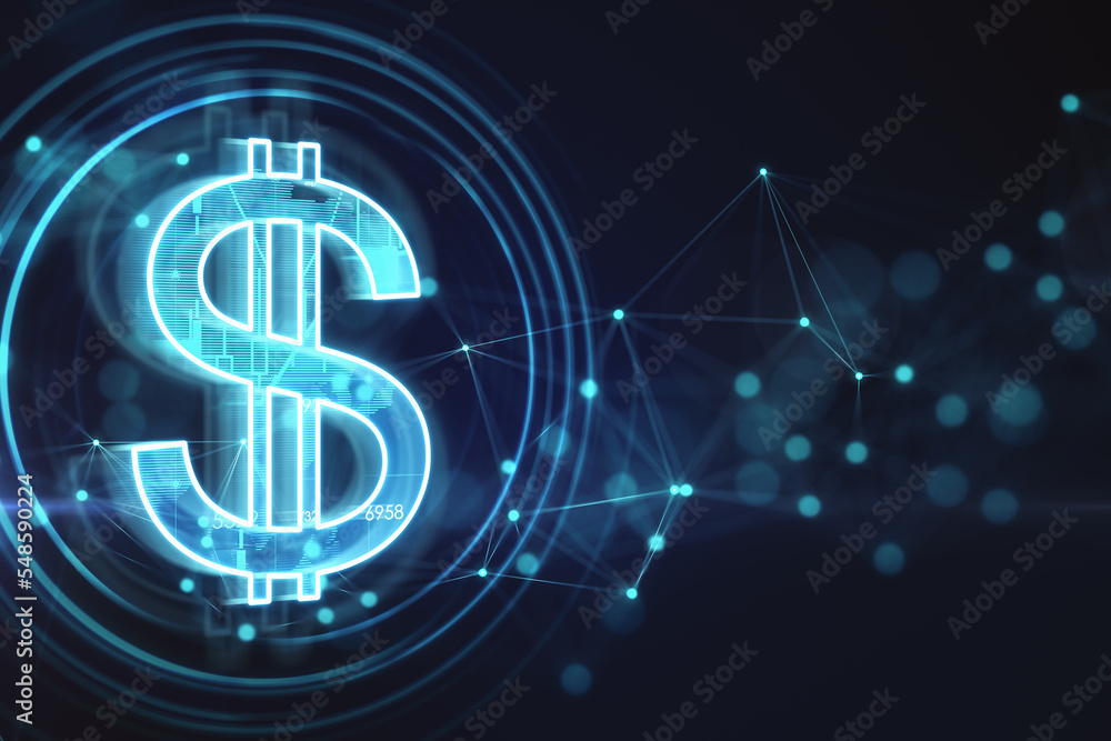 Financial technology concept with digital blue dollar icon on abstract dark background with blurry dots. 3D rendering - obrazy, fototapety, plakaty 