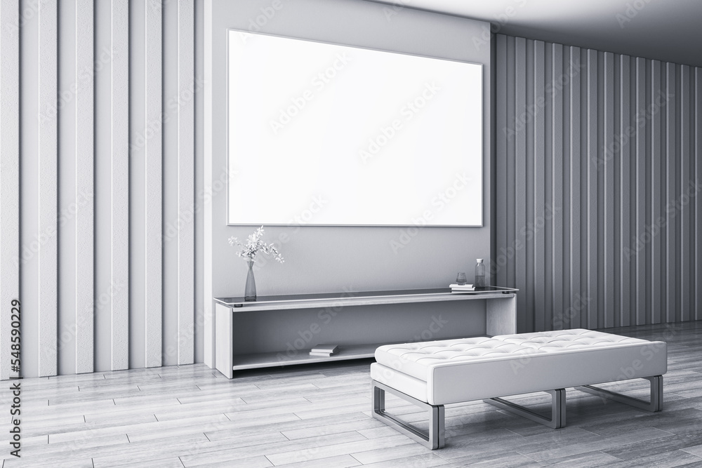 Clean black-and-white living room interior with furniture and empty white mock up poster. Mock up, 3D Rendering. Clean black-and-white living room interior with furniture and empty white mock up poster. Mock up, 3D Rendering.