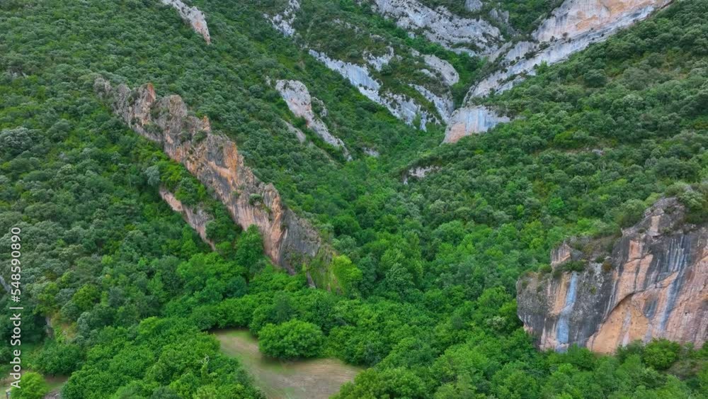 Landscape in the ruins of the Monastery of San Juan de La Hoz. Aerial view from a drone. Region of the Merindades. Burgos, Castilla y Leon, Spain, Europe Landscape in the ruins of the Monastery of San Juan de La Hoz. Aerial view from a drone. Region of the Merindades. Burgos, Castilla y Leon, Spain, Europe