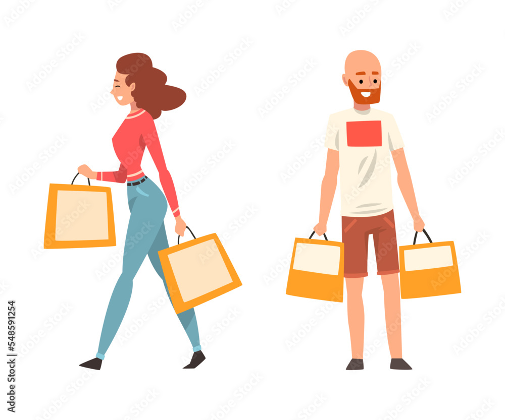 Happy Man and Woman Character Doing Shopping Carrying Bags with Purchase Vector Set Happy Man and Woman Character Doing Shopping Carrying Bags with Purchase Vector Set