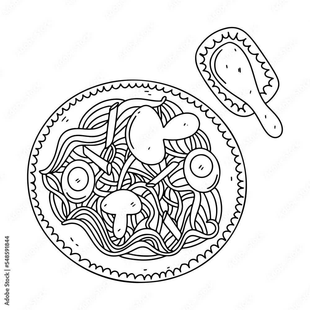 Fototapeta premium Asian food. Ramen noodles in hand drawn doodle style. Spicy national dish of asia. Vector isolated on a white.