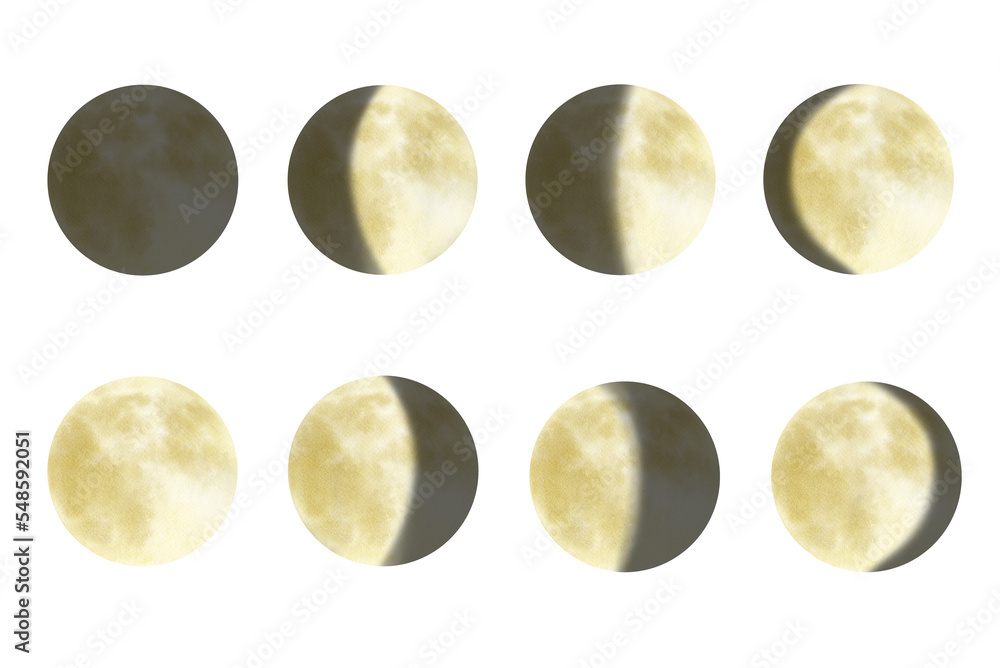 Set Of Watercolor 8 Moon Phases Hand Drawn Illustration Isolated On 