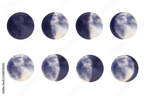 Set of watercolor 8 moon phases. Hand drawn illustration isolated on white background