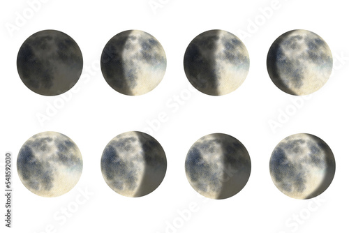 Watercolor moon phases illustration isolated on white background