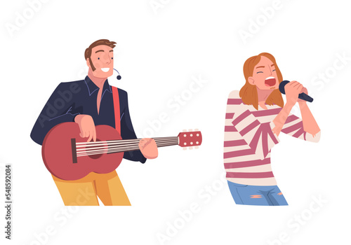 Man Singer and Musician with Microphone Performing Music on Stage Vector Set