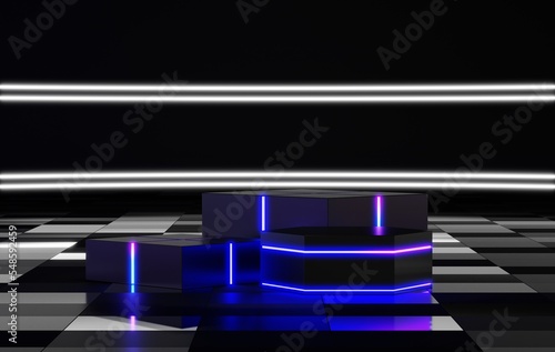 Fototapeta Naklejka Na Ścianę i Meble -  Podium backgrounds stage platform with glowing neon for product presentation and mock up. Minimal scene backdrop with clean design. Vacant pedestal for mock up. Empty stage for cosmetic. 3D render.