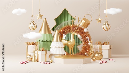 Christmas backgrounds with podium stage platform in minimal New year event theme. Merry Christmas scene for product display mock up banner. Empty stand pedestal decor in Xmas winter scene. 3D render.